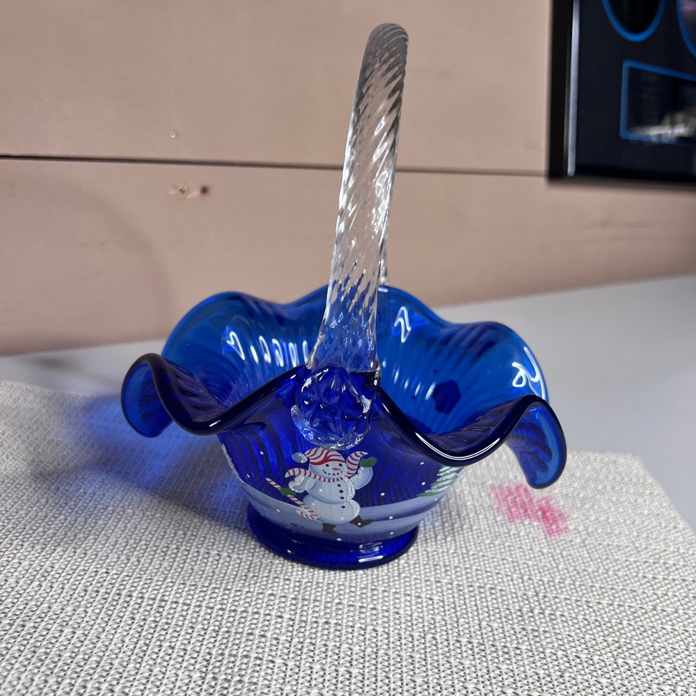 Fenton Cobalt Blue Glass Snowman Basket Hand Painted Signed‎ C A Hall 8 inch